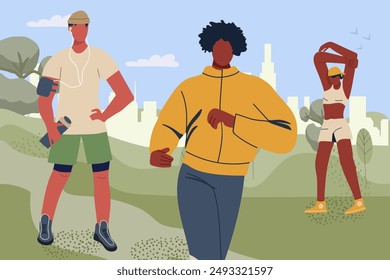 Trotar, trotar gente, hombre con botella de agua, mujer negra haciendo ejercicios de estiramiento. Entrenamiento activo de corredores saludables en el parque de la ciudad, con el panorama de fondo de la ciudad. Ilusión de Vector plano