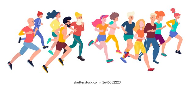 Jogging people. Marathon race group of running men and women dressed in sports clothes. Flat cartoon characters isolated on white background.