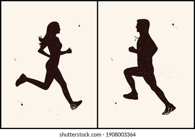 Jogging people. Runners abstract silhouettes set. Night starry sky