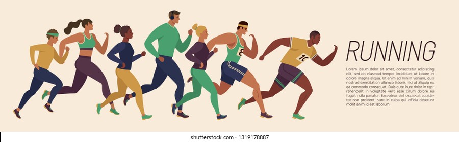 Jogging people. Runners group in motion. Running men and women sports background. People runner race, training to marathon, jogging and running illustration.