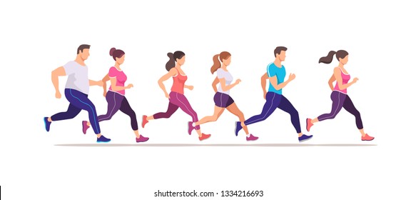 Jogging people. Runners group in motion. Running men and women sports background. Training to marathon. Trendy style vector illustration.