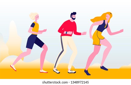 Jogging people. Runners group in motion. Running men and women sports background. People runner race, training to marathon, jogging and running illustration