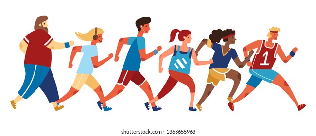 Jogging people. Runners group in motion. Running men and women sports background. Flat style vector illustration