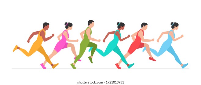 Jogging people. Runners group in motion. Flat Style. isolated on white background - Shutterstock ID 1721013931