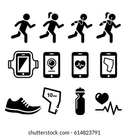 Jogging, people running, jogging apps icons set 