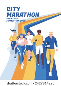 Jogging people. Urban marathon advertising design concept. Active lifestyle and sports. Vector flat illustration