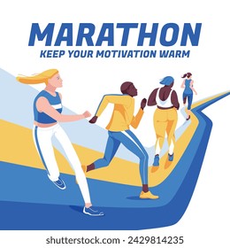 Jogging people. Urban marathon advertising design concept. Active lifestyle and sports. Vector flat illustration