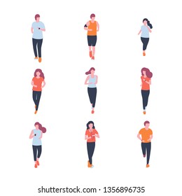 Jogging people. Vector illustration with running woman and man. Training to marathon. Flat style