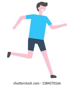 Jogging person vector isolated cartoon character. Marathon runner in blue t-shirt, sprinter jogger active lifestyle athletic animated male in cartoon design