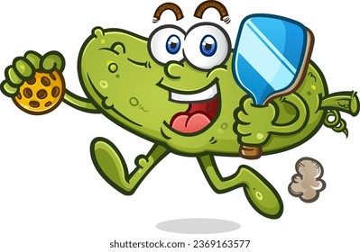 Jogging pickle cartoon character prancing along with a ping pong paddle in one hand and a pickleball in the other with a huge smile on his face.