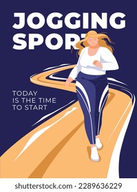 Jogging for the plus size woman with the road behind. Abstract design. Sports and health promotion. Vector flat illustration.