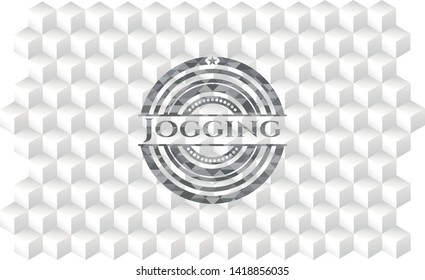 Jogging realistic grey emblem with cube white background