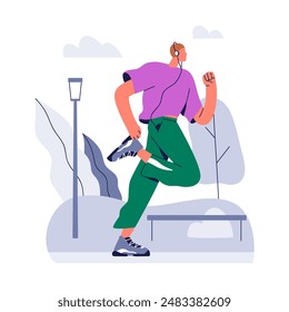 Corredor de footing en el parque. Ejercicio cardiovascular saludable, atleta masculino activo. Escuchar música en los auriculares durante la ejecución matutina. Hombre trotando haciendo ejercicio. Ilustración vectorial plana aislada sobre fondo blanco