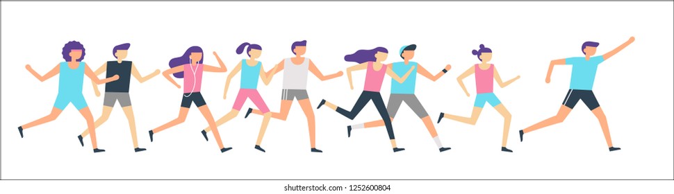 Jogging runners group. Morning running, adult people training sport run and outdoor jog. Fitness runner healthy fitness exercising or sprint run competition flat vector illustration