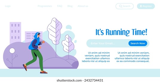 Jogging and running activity or hobby, healthy lifestyle leisure. Man in park doing cardio exercises. Search for options and programs now. Website landing page, internet site. Vector in flat style