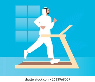 Jogging or Running, arab man running, either
on a treadmill, flat vector stock illustration for sstkWellness