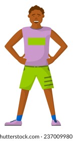 Jogging or running athletic guy, isolated sportive man wearing uniform and smiling. Doing exercises and working out outdoors, man in male personage in shorts and tshirt. Vector in flat style