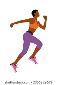 Jogging, running black girl. Active healthy lifestyle. African Sport woman, athlete exercising, taking part in competition, marathon, cardio workout. Vector illustration isolated on white background.