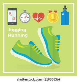 Jogging and running concept flat icons of gym, healthy food, metrics. Isolated vector illustration and modern design element