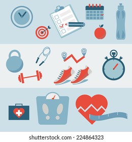 Jogging and running concept flat icons of gym, healthy food, metrics, sport, dieting, weight loss, fitness, healthy lifestyle. Vector.