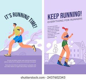 Jogging and running exercises for healthy lifestyle and slim body. Its running time, everything for runners. Woman and man wearing sportswear, doing exercises and staying fit. Vector in flat style