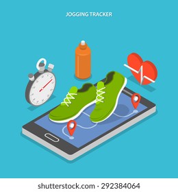 Jogging and running flat isometric concept. Sneakers on smartphones screen and stopwatch, bottle of water and heart near it.