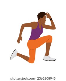 Jogging, running girl. Active healthy lifestyle. Black Sport women, athlete exercising, taking part in competition, marathon, cardio workout. Flat vector illustration isolated on white background.