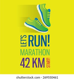 Jogging and running marathon concept flat icon with sneakers and text. Modern icon illustrations in flat style
