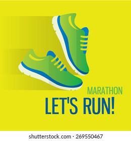 Jogging and running marathon concept flat icon with sneakers and text. Modern icon illustrations in flat style