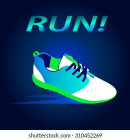 Jogging and running marathon concept flat icon with sneakers and text. Vector poster