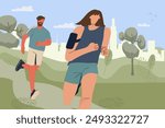 Jogging, running people. Active healthy joggers, runners training in a city park, against the background of the city panorama. Athletic men, women, athletes training outdoors. Flat vector illustration