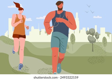 Jogging, running people. Active healthy joggers, runners training in a city park, against the background of the city panorama. Athletic men, women, athletes training outdoors. Flat vector illustration