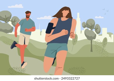 Jogging, running people. Active healthy joggers, runners training in a city park, against the background of the city panorama. Athletic men, women, athletes training outdoors. Flat vector illustration