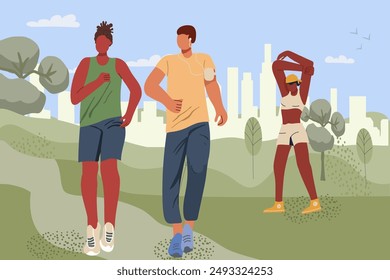 Jogging, running people. Active healthy joggers, runners training in a city park, against the background of the city panorama. Athletic men, women, athletes training outdoors. Flat vector illustration