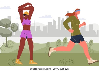 Jogging, running people. Active healthy joggers, runners training in a city park, against the background of the city panorama. Athletic men, women, athletes training outdoors. Flat vector illustration