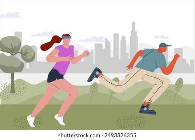 Jogging, running people. Active healthy joggers, runners training in a city park, against the background of the city panorama. Athletic men, women, athletes training outdoors. Flat vector illustration