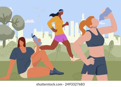 Trotar, correr gente. Mujeres activas y saludables, niñas, corredores se entrenan en el parque de la ciudad, en el contexto del panorama de la ciudad. Mujeres atléticas descansando, bebiendo agua, recuperándose al aire libre