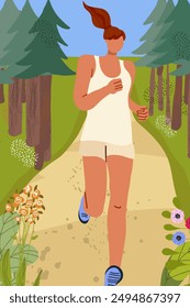 Jogging, running people. Active healthy joggers, runners training in the city park, in the woods, on summer vacation. Athletic women working outdoors. Flat vector illustration