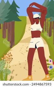 Jogging, running people. Active healthy joggers, runners training in the city park, in the woods, on summer vacation. Athletic women working outdoors. Flat vector illustration