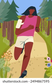 Jogging, running people. Active healthy joggers, runners training in the city park, in the woods, on summer vacation. Athletic women working outdoors. Flat vector illustration