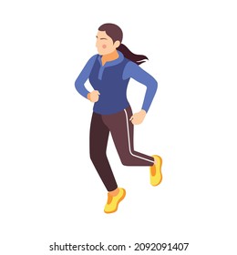 Jogging running people fitness accessories isometric composition with isolated human character of running girl vector illustration