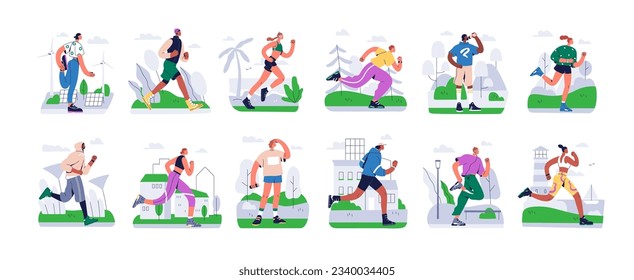 Jogging, running people set. Active healthy runners, joggers training in city park, nature. Sport men, women, athletes exercising outdoors. Flat vector illustrations isolated on white background
