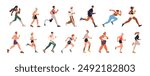 Jogging and running people set. Diverse active healthy characters, sport and cardio exercise. Old and young runners, joggers, sports activity. Flat vector illustration isolated on white background