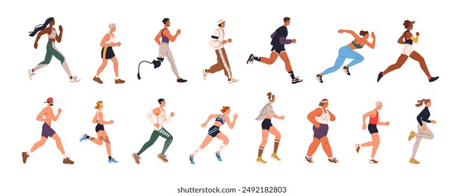 Jogging and running people set. Diverse active healthy characters, sport and cardio exercise. Old and young runners, joggers, sports activity. Flat vector illustration isolated on white background