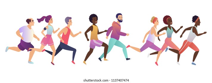 Jogging running people. Sport running group concept. Various people runners group in motion speed.