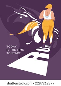 Jogging or running poster design. Sports and healthy lifestyle. A plus size girl on a background of large text and splashes. Vector flat