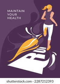 Jogging or running poster design. Sports and health lifestyle. Girl on the background of large text and splashes. Vector flat illustration