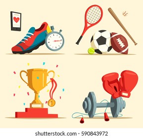 Jogging or running shoes, trophy or cup with medal and confetti, boxing gloves and dumbbell, skipping rope, tennis racket and soccer, rugby ball and baseball bat. Sport activity or exercise theme