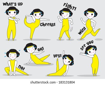Jogging running and stretching characters illustration set