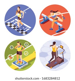 Jogging running training sprinting 4 round isometric compositions with race finish hurdling vr fitness experience vector illustration 